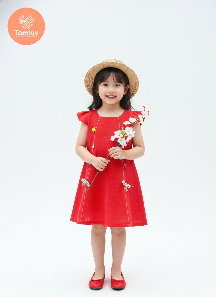  Đầm Linen Chạy Chỉ Nổi Thêu Hoa  Tamiuy Cao Cấp Xinh Xắn Đáng Yêu Ngây Thơ Dành Cho Bé Gái Từ 1-10 Tuổi 