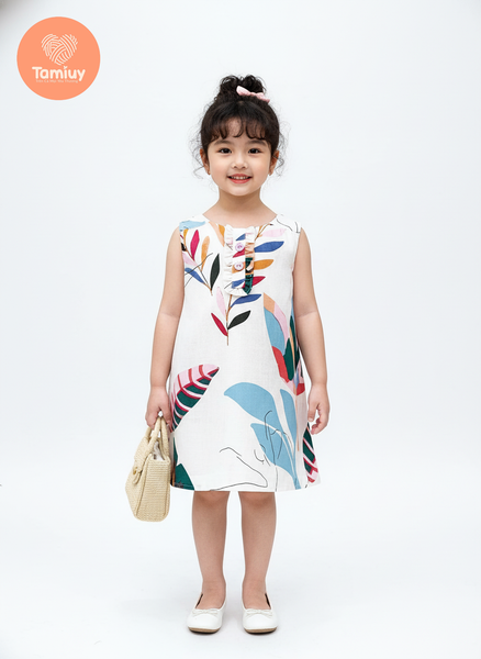  TAMIUY – Đầm Linen Thiết Kế Bé Gái Họa Tiết Hoa Phối Bèo Trụ Đính Nút Hoa Cao Cấp 