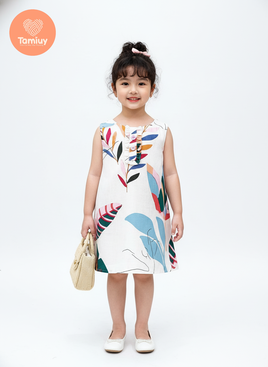  TAMIUY – Đầm Linen Thiết Kế Bé Gái Họa Tiết Hoa Phối Bèo Trụ Đính Nút Hoa Cao Cấp 