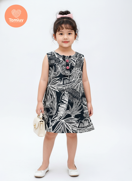  TAMIUY – Đầm Linen Thiết Kế Bé Gái Họa Tiết Hoa Phối Bèo Trụ Đính Nút Hoa Cao Cấp 