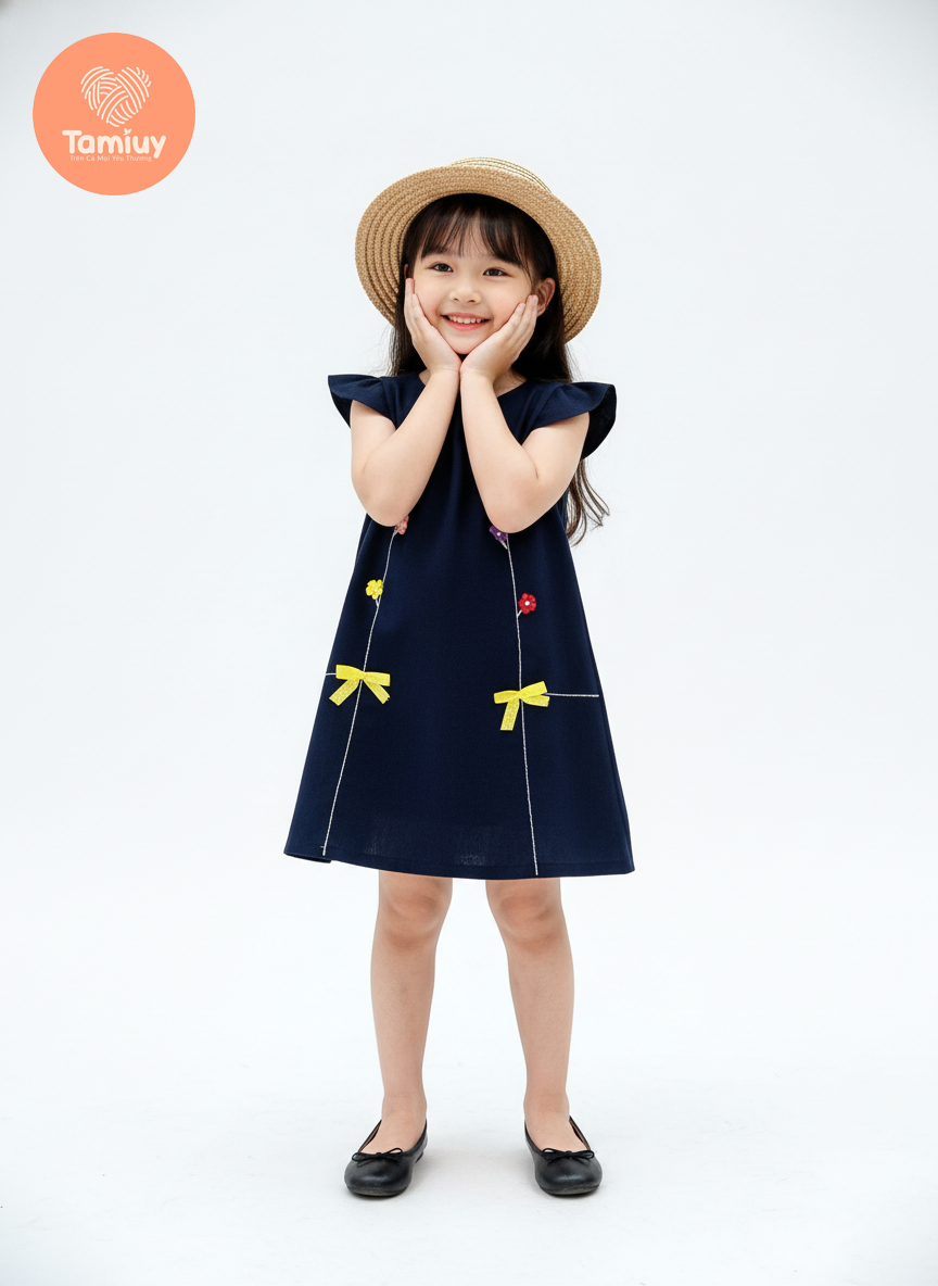  Đầm Linen Chạy Chỉ Nổi Thêu Hoa  Tamiuy Cao Cấp Xinh Xắn Đáng Yêu Ngây Thơ Dành Cho Bé Gái Từ 1-10 Tuổi 
