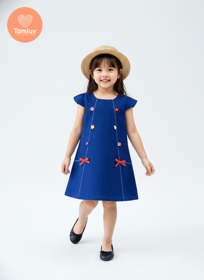  Đầm Linen Chạy Chỉ Nổi Thêu Hoa  Tamiuy Cao Cấp Xinh Xắn Đáng Yêu Ngây Thơ Dành Cho Bé Gái Từ 1-10 Tuổi 