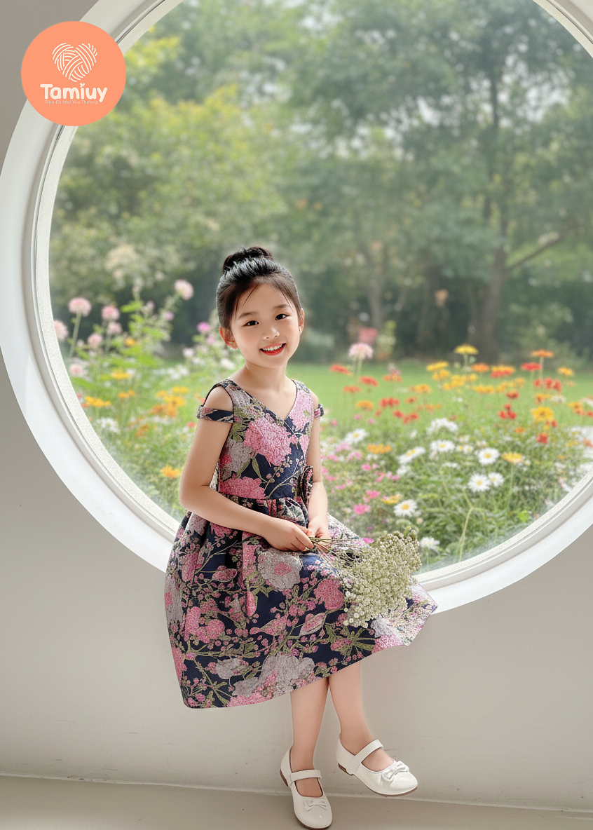  Đầm Xòe Vải Gấm Hoạ Tiết Bông Tamiuy Dành Cho Bé Gái (10-40kg) 