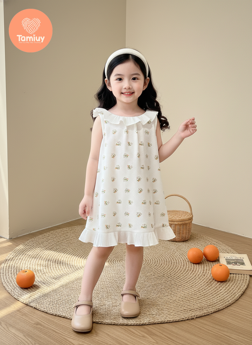  Đầm Thun  Sát Nách Tamiuy Bé Gái  Phối Bèo Cổ và Lai, Họa Tiết Dễ Thương 