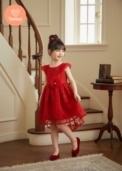  Đầm Dạ Hội Tamiuy  Ren Đuôi Cá Màu Đỏ, 3 Lớp Tùng Xòe Công Chúa (1-10T) 