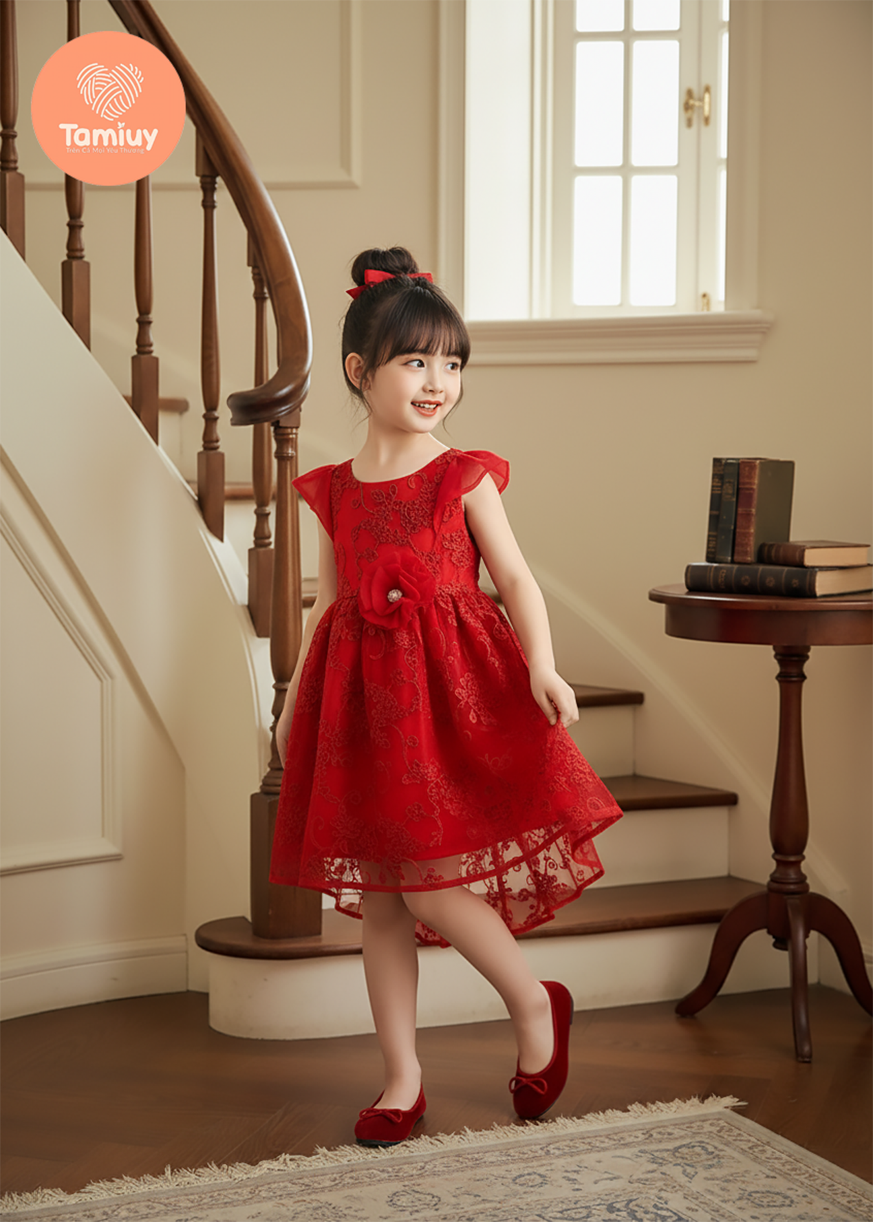  Đầm Dạ Hội Tamiuy  Ren Đuôi Cá Màu Đỏ, 3 Lớp Tùng Xòe Công Chúa (1-10T) 
