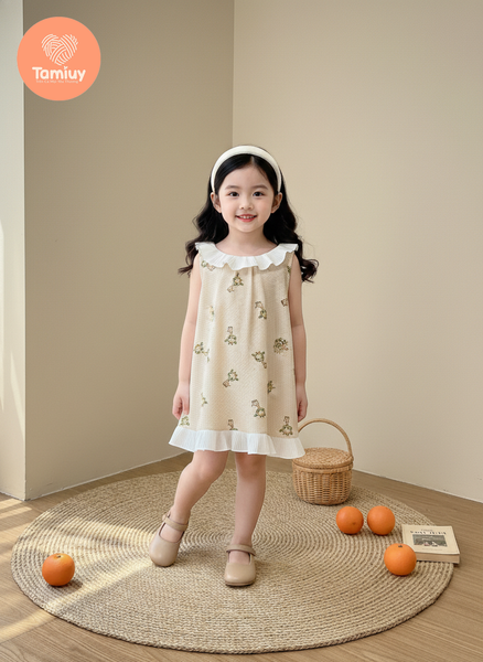  Đầm Thun  Sát Nách Tamiuy Bé Gái  Phối Bèo Cổ và Lai, Họa Tiết Dễ Thương 
