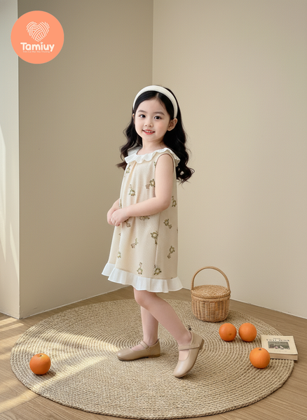  Đầm Thun  Sát Nách Tamiuy Bé Gái  Phối Bèo Cổ và Lai, Họa Tiết Dễ Thương 
