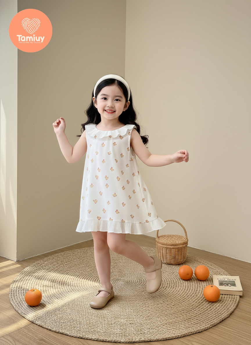  Đầm Thun  Sát Nách Tamiuy Bé Gái  Phối Bèo Cổ và Lai, Họa Tiết Dễ Thương 
