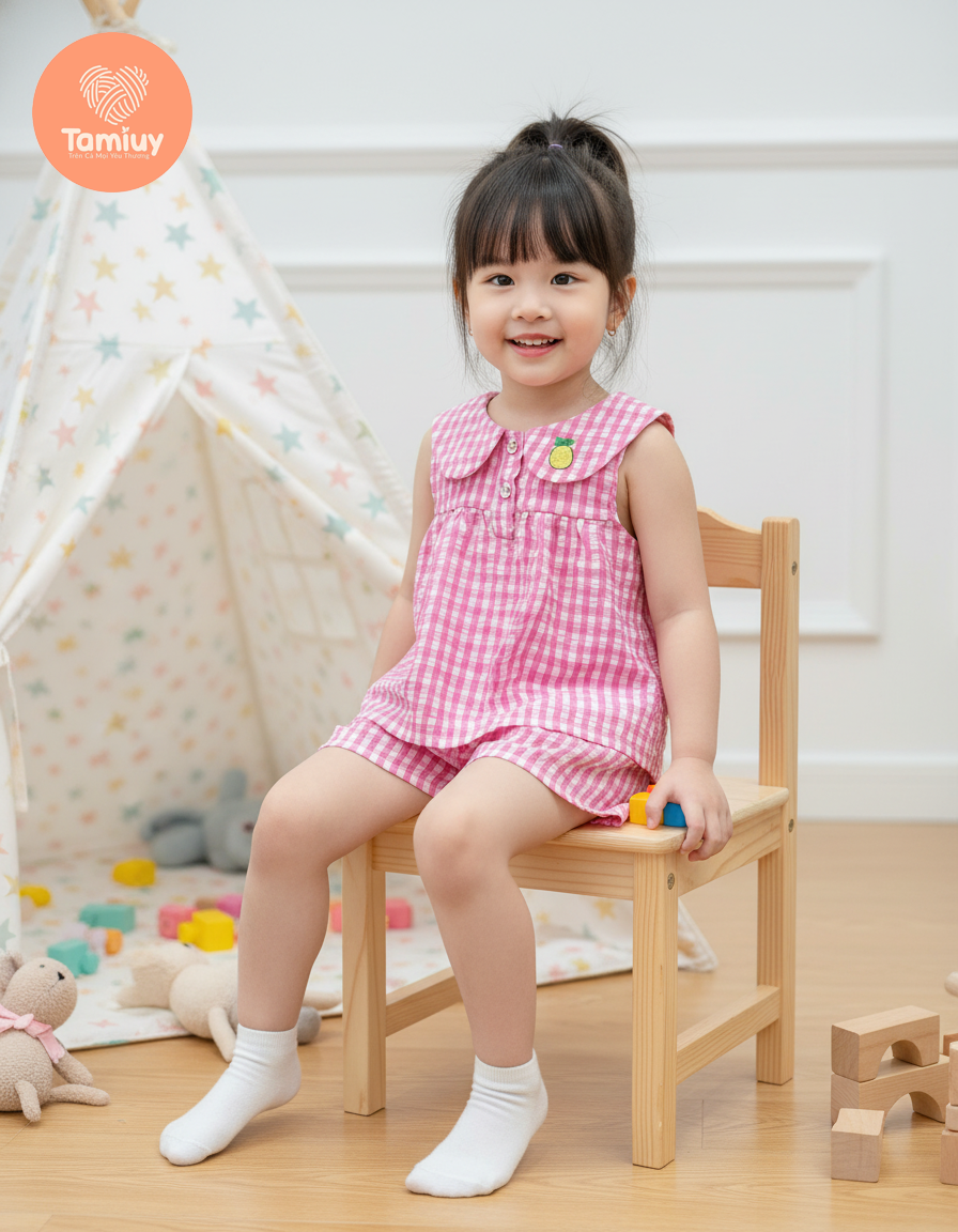  Bộ Caro Bé Gái Tamiuy Cam & Trắng Phối Hoa Tiết Vải Cotton Mềm Mịn Size 2-12 