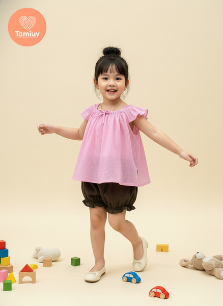  Bộ Bé Gái Tamiuy Vải Xốp Dún Cổ Phối Quần Phồng Nhiều Màu ,Size 10-38 kg 