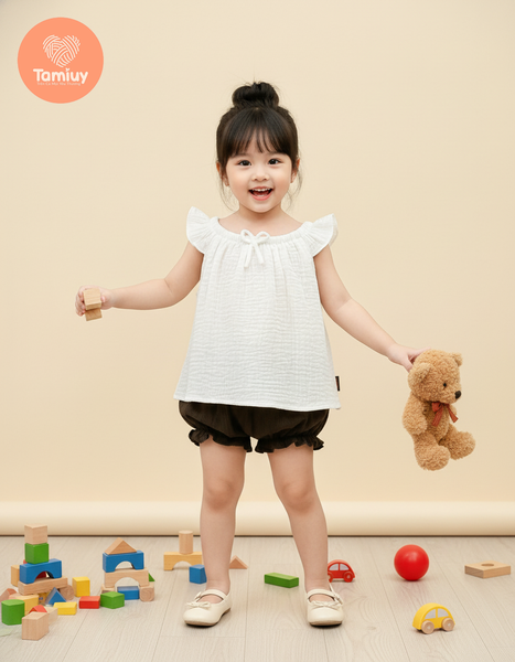  Bộ Bé Gái Tamiuy Vải Xốp Dún Cổ Phối Quần Phồng Nhiều Màu ,Size 10-38 kg 