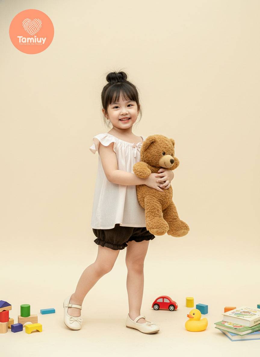  Bộ Bé Gái Tamiuy Vải Xốp Dún Cổ Phối Quần Phồng Nhiều Màu ,Size 10-38 kg 