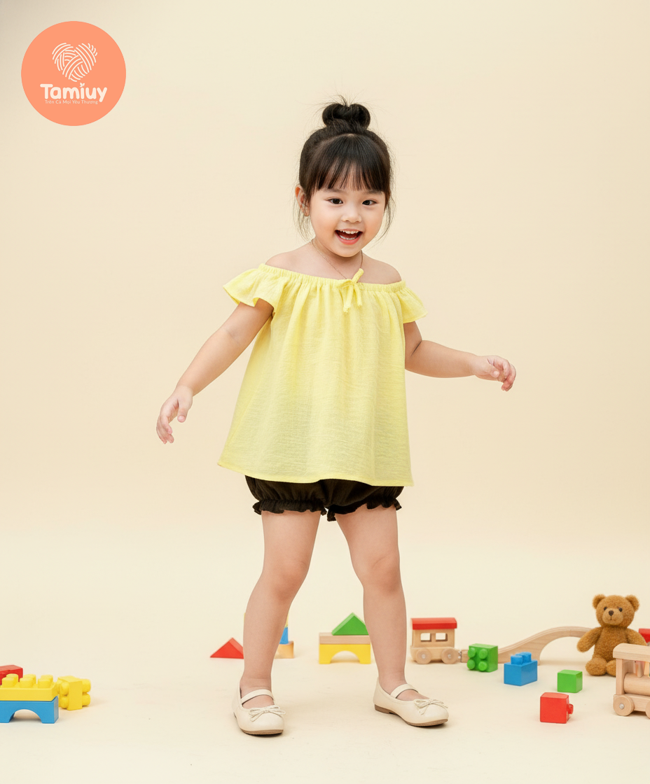  Bộ Bé Gái Tamiuy Vải Xốp Dún Cổ Phối Quần Phồng Nhiều Màu ,Size 10-38 kg 