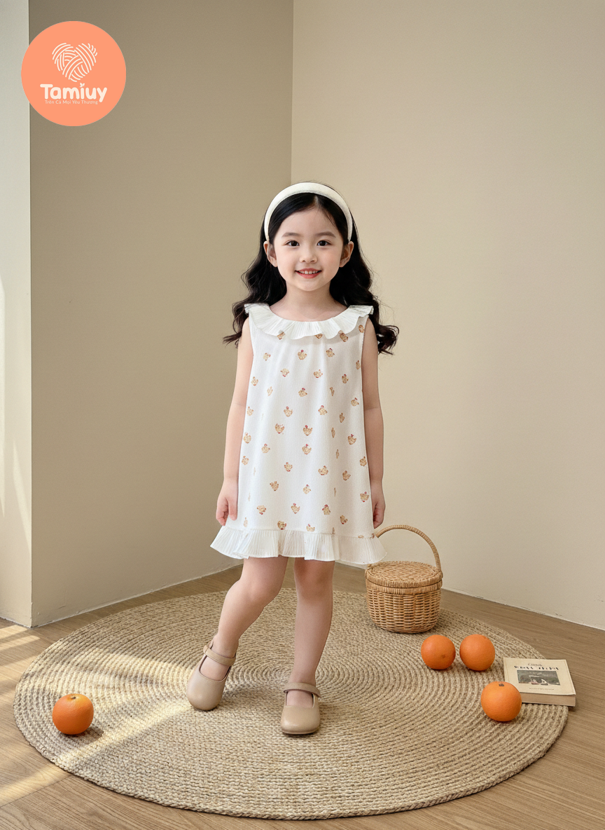  Đầm Thun  Sát Nách Tamiuy Bé Gái  Phối Bèo Cổ và Lai, Họa Tiết Dễ Thương 