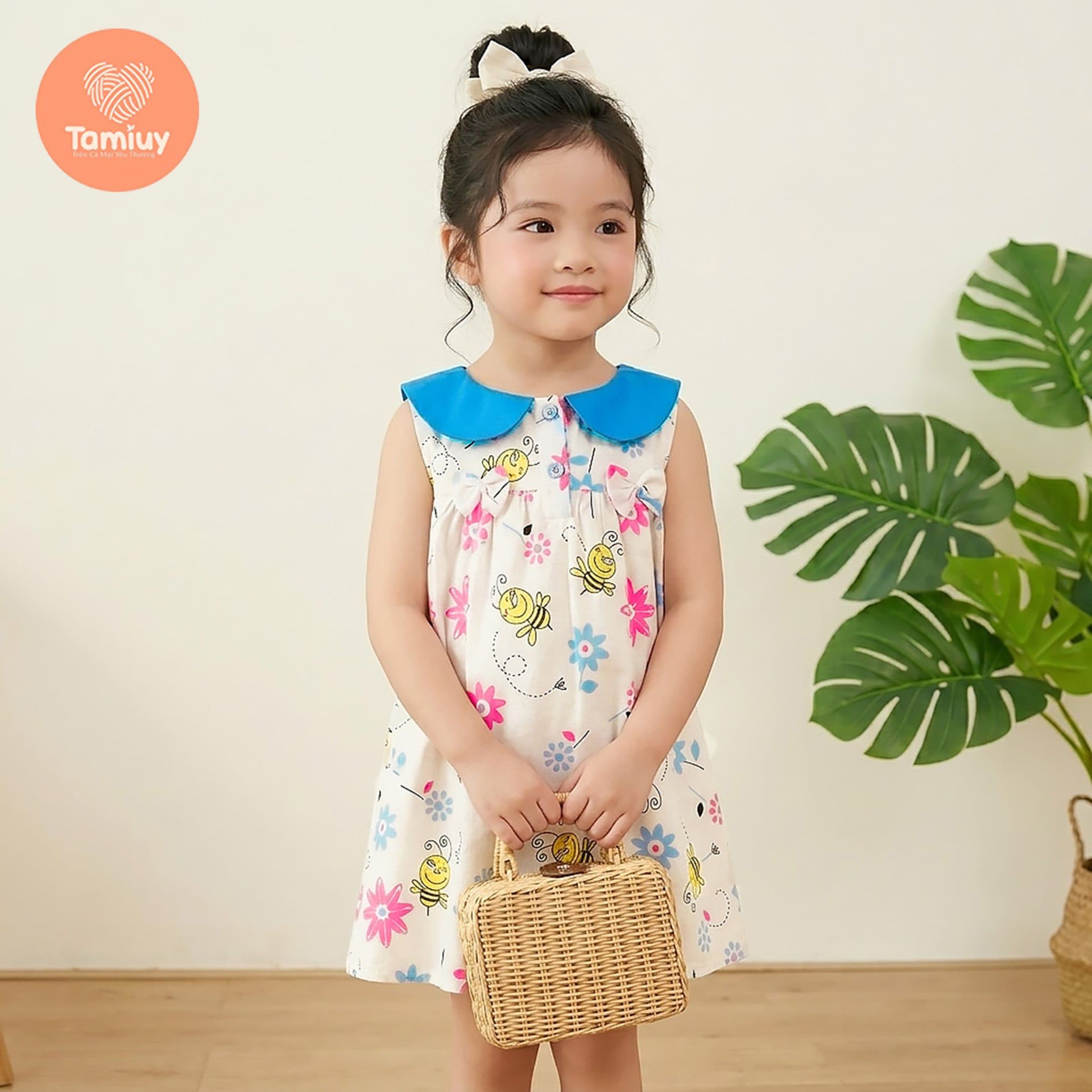  (BST Hạ Nhiên) TAMIUY - Đầm Bé Gái Marine Cổ Thủy Thủ Họa Tiết Cô Gái Du Lịch Dáng Xòe 