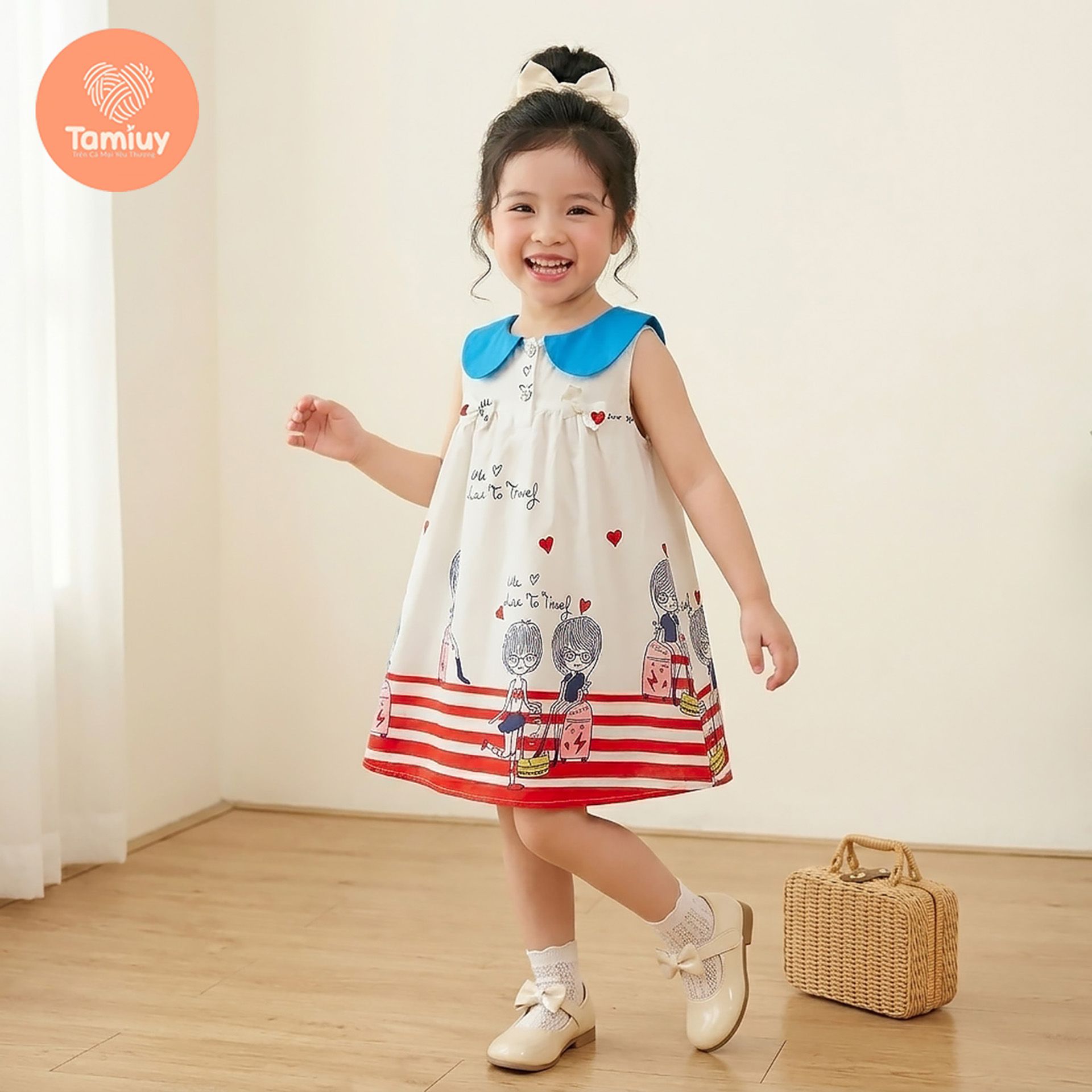  (BST Hạ Nhiên) TAMIUY - Đầm Bé Gái Marine Cổ Thủy Thủ Họa Tiết Cô Gái Du Lịch Dáng Xòe 