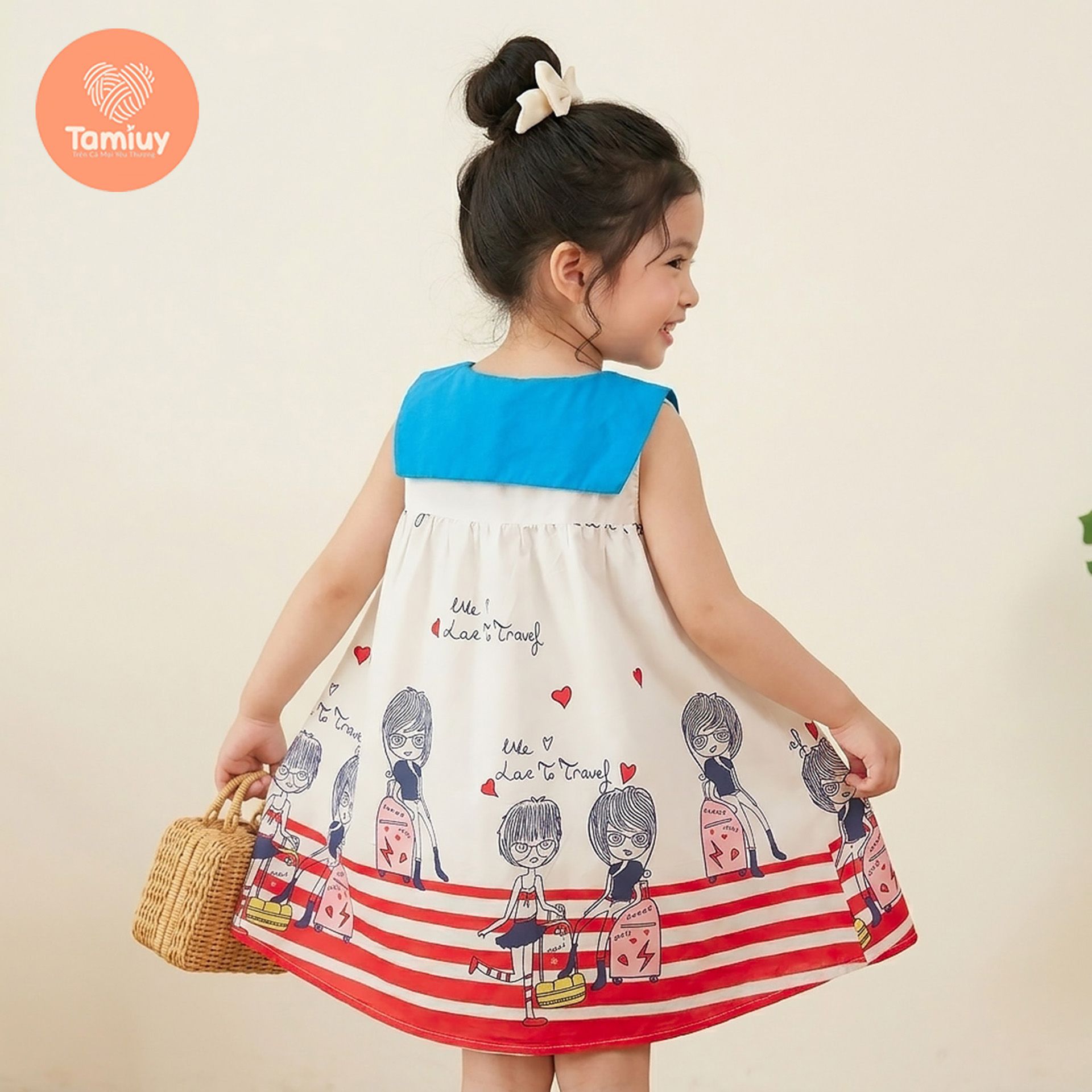  (BST Hạ Nhiên) TAMIUY - Đầm Bé Gái Marine Cổ Thủy Thủ Họa Tiết Cô Gái Du Lịch Dáng Xòe 