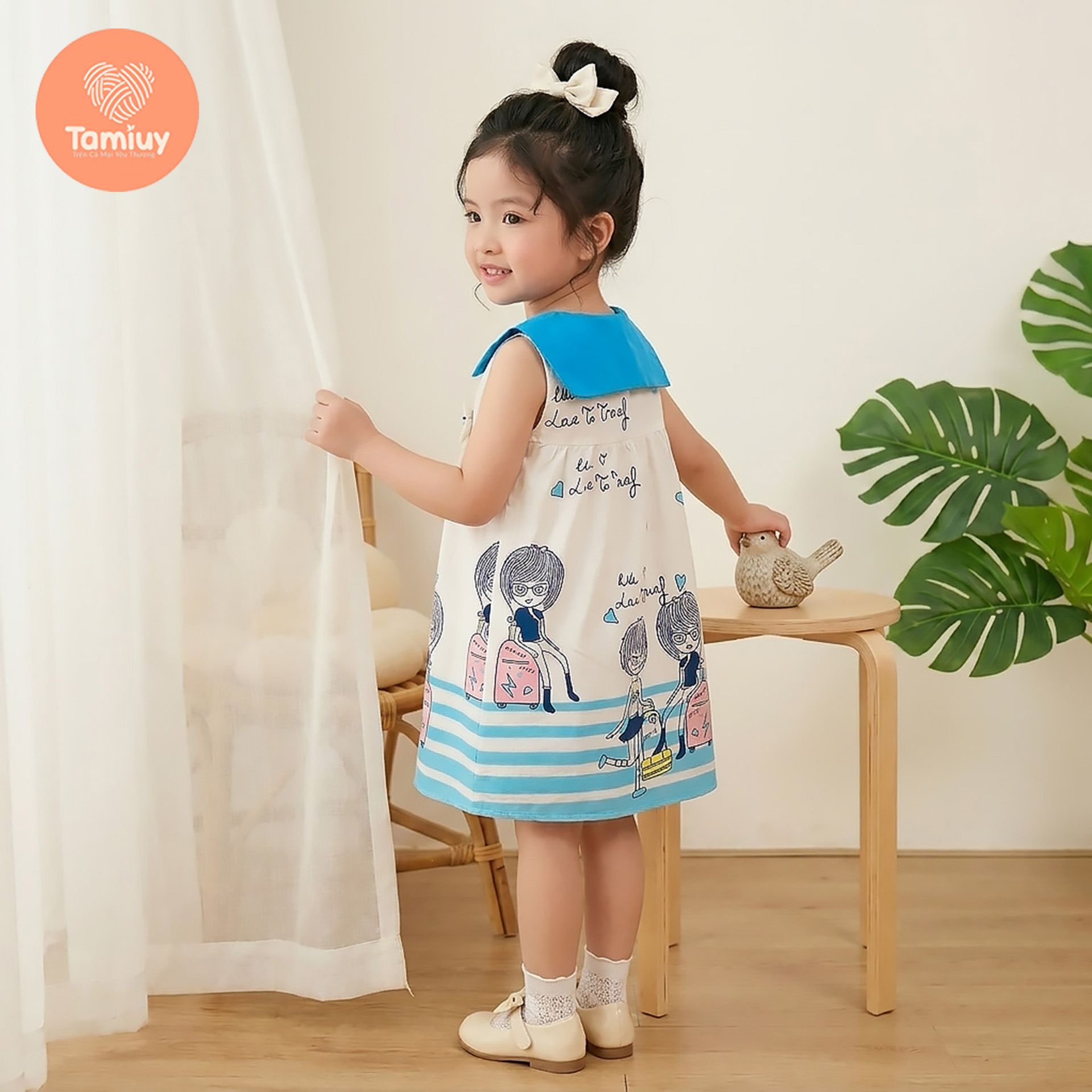  (BST Hạ Nhiên) TAMIUY - Đầm Bé Gái Marine Cổ Thủy Thủ Họa Tiết Cô Gái Du Lịch Dáng Xòe 