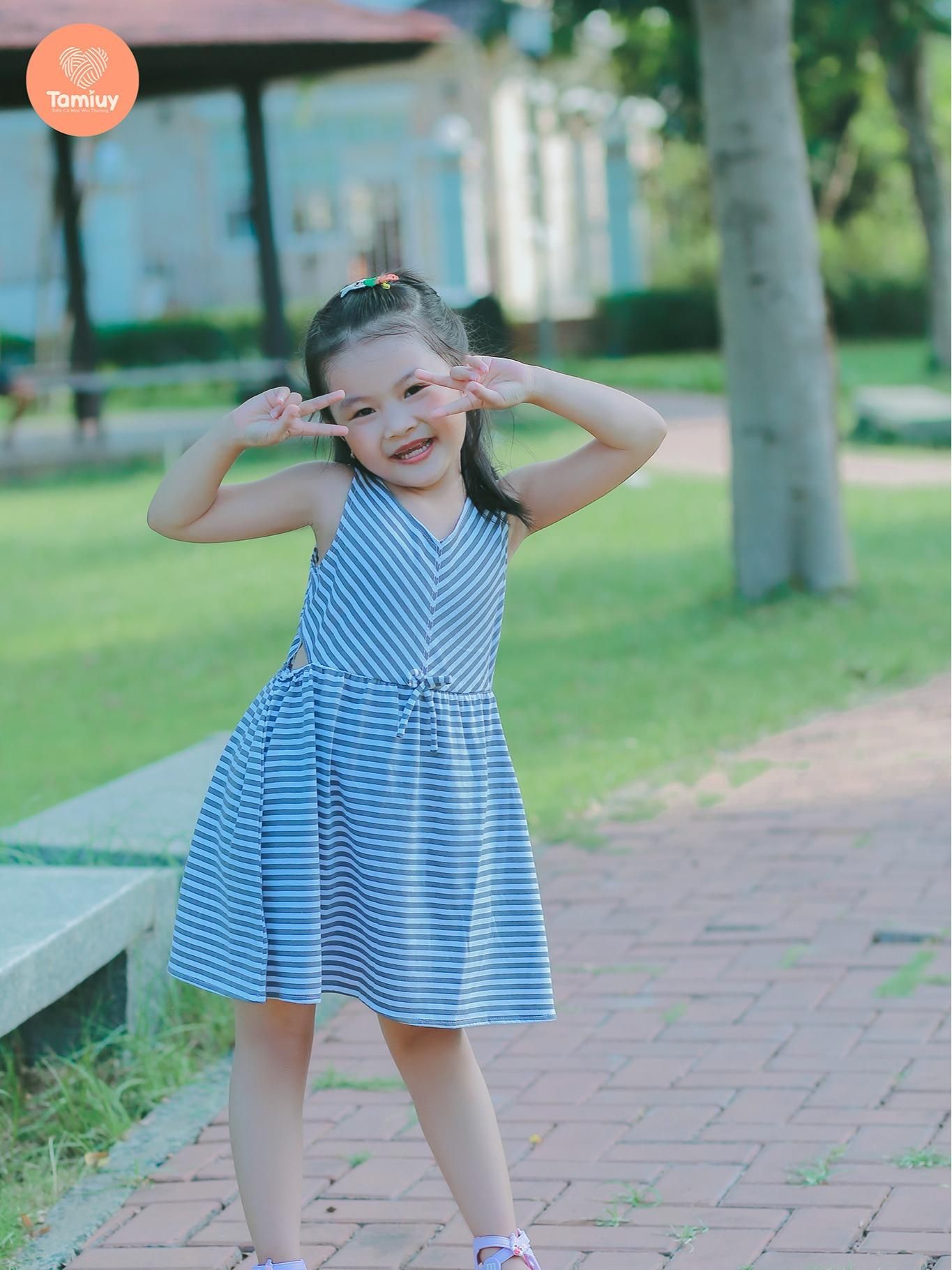  Đầm Thun Sọc Đối Xứng  Tamiuy Chất Cotton 4 Chiều Cho Bé Gái (1-10 T) 