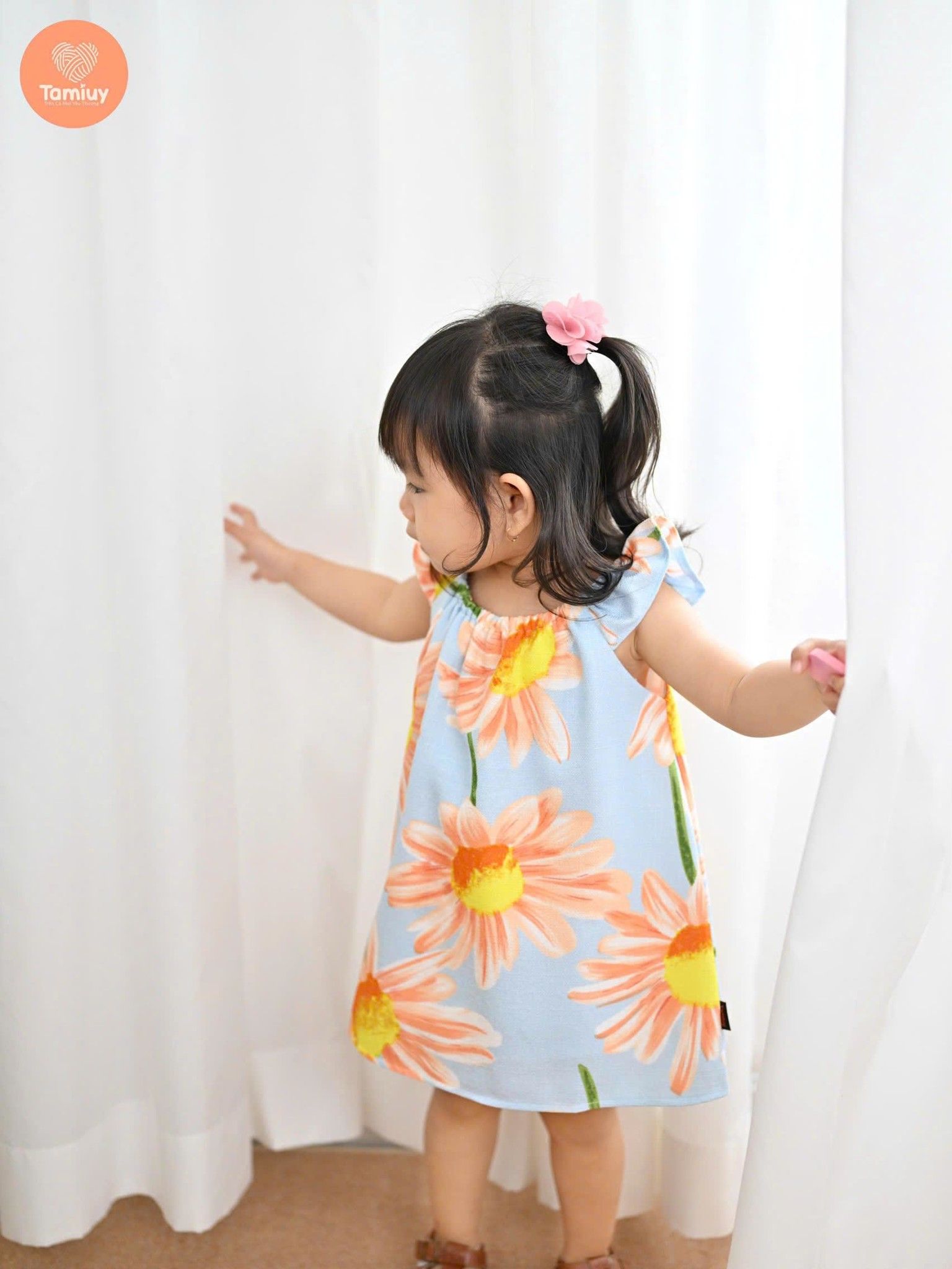  Tamiuy Đầm Yếm Cổ Thun Họa Tiết Hoa Hướng Dương Cho Bé Gái Từ 1-10 Tuổi Chất Liệu Linen Mềm Mịn 