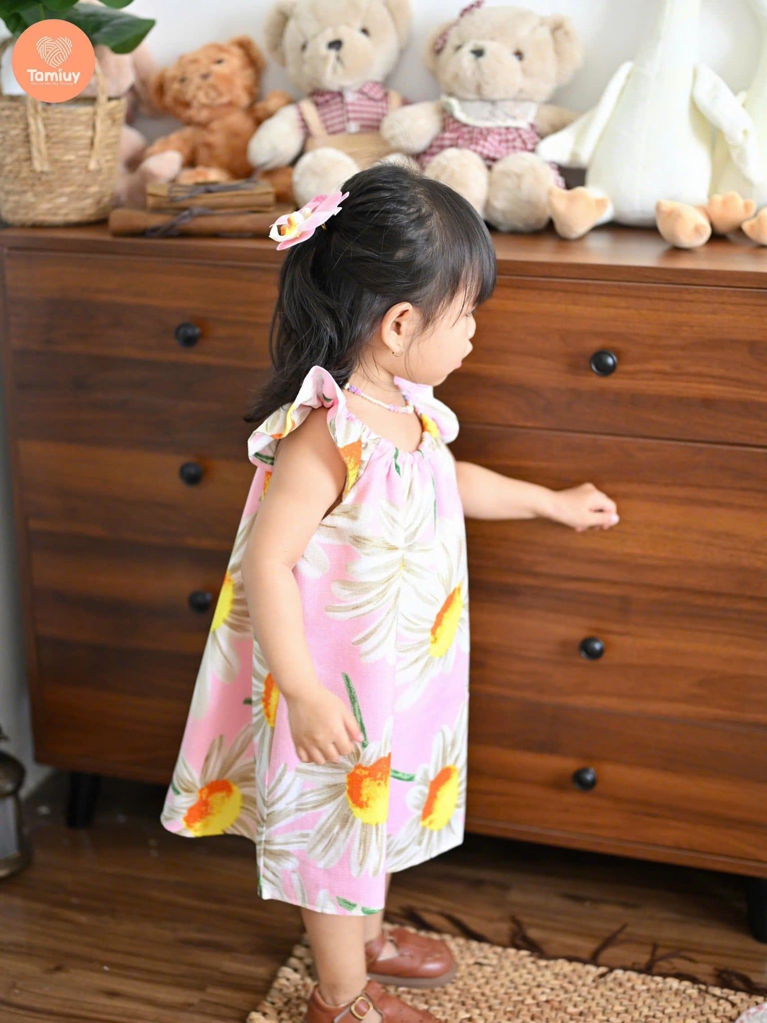  Tamiuy Đầm Yếm Cổ Thun Họa Tiết Hoa Hướng Dương Cho Bé Gái Từ 1-10 Tuổi Chất Liệu Linen Mềm Mịn 