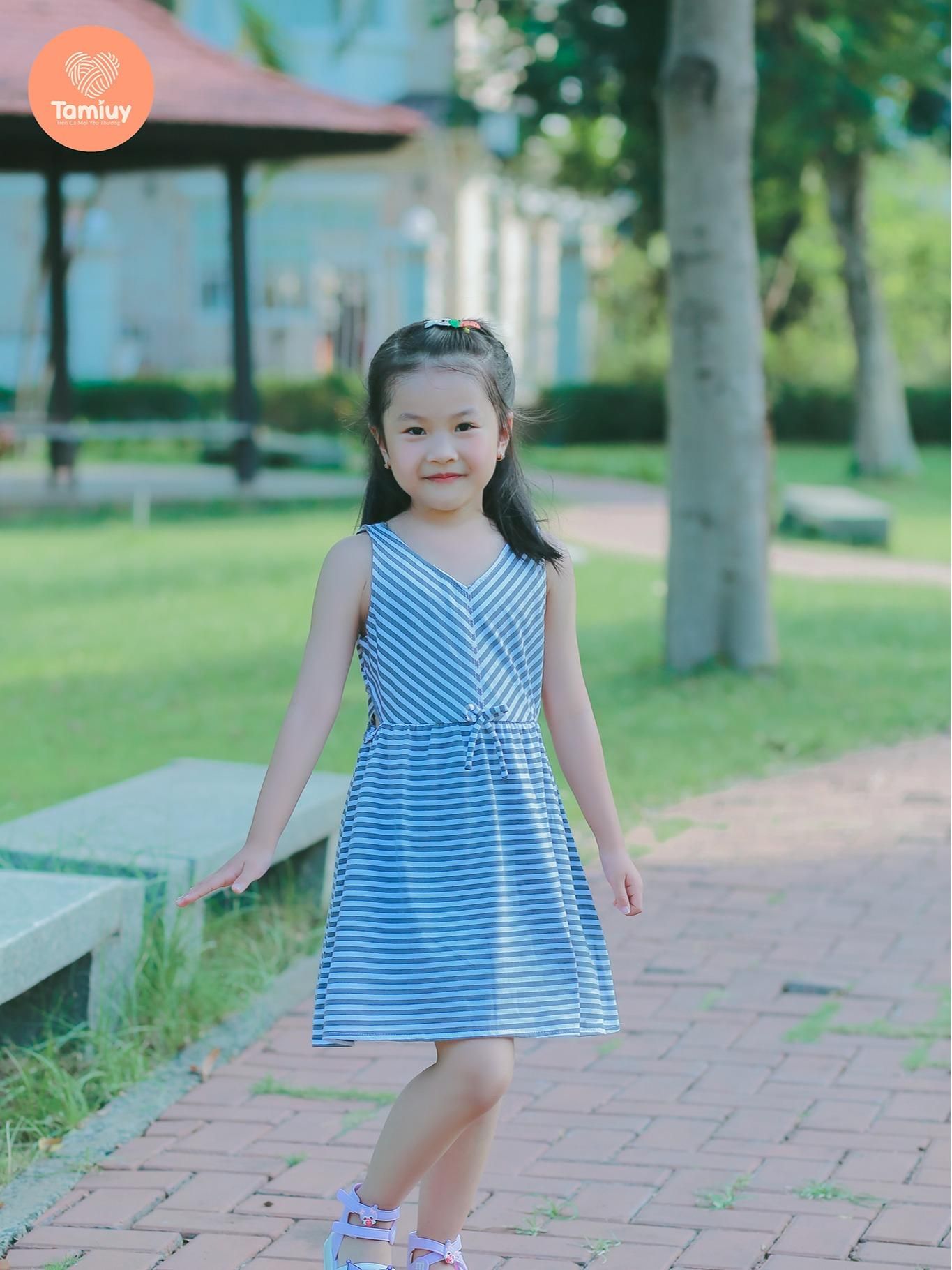  Đầm Thun Sọc Đối Xứng  Tamiuy Chất Cotton 4 Chiều Cho Bé Gái (1-10 T) 