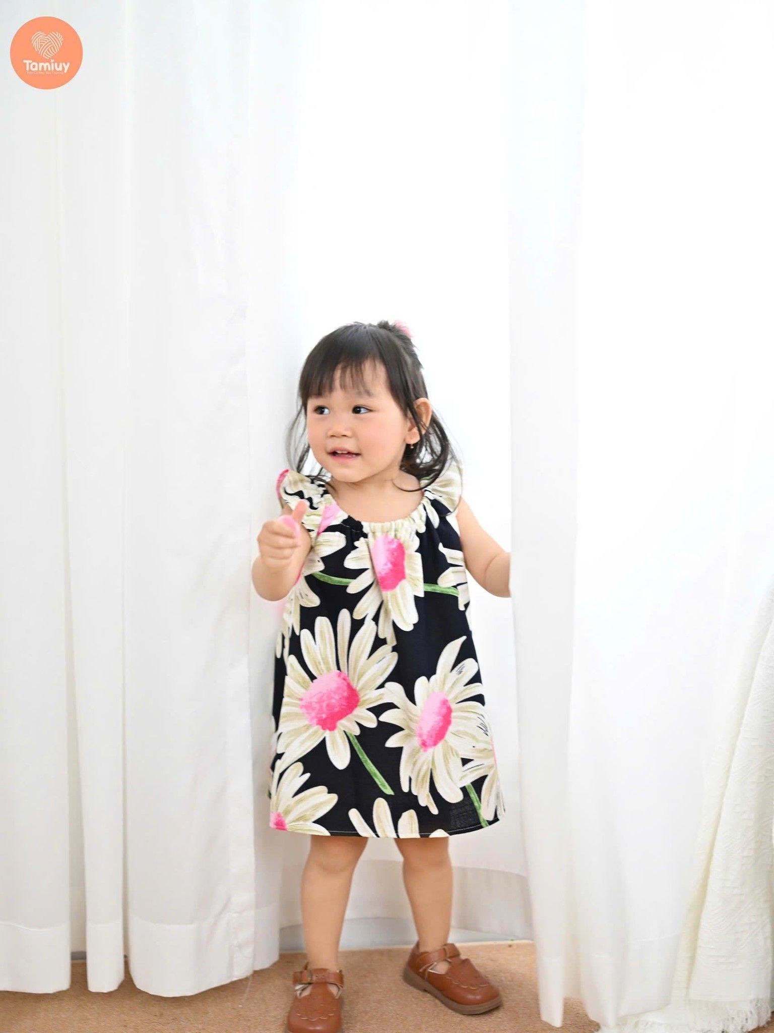  Tamiuy Đầm Yếm Cổ Thun Họa Tiết Hoa Hướng Dương Cho Bé Gái Từ 1-10 Tuổi Chất Liệu Linen Mềm Mịn 