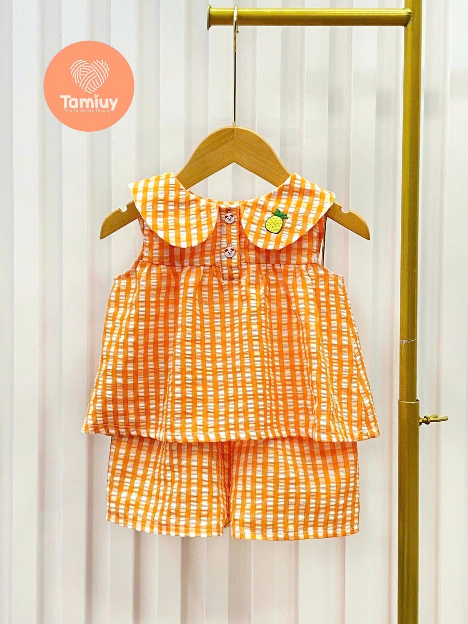  Bộ Caro Bé Gái Tamiuy Cam & Trắng Phối Hoa Tiết Vải Cotton Mềm Mịn Size 2-12 