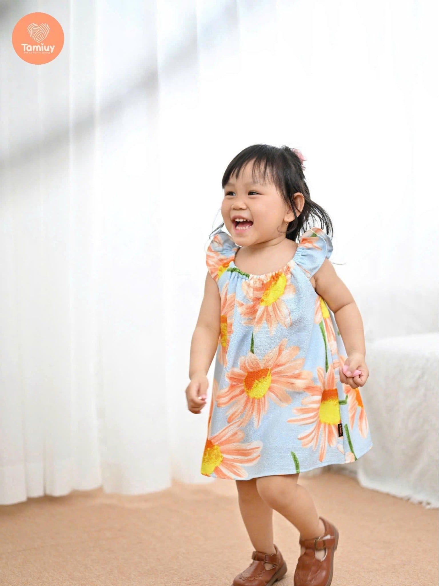 Tamiuy Đầm Yếm Cổ Thun Họa Tiết Hoa Hướng Dương Cho Bé Gái Từ 1-10 Tuổi Chất Liệu Linen Mềm Mịn 