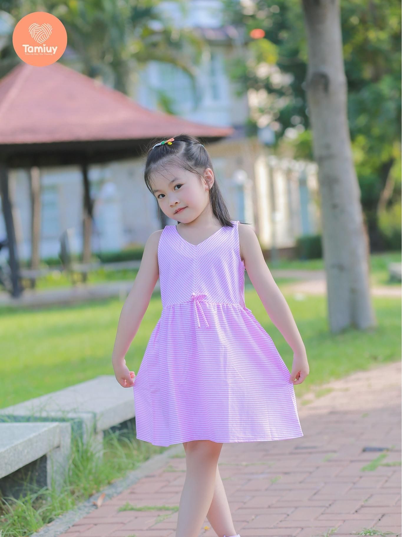 Đầm Thun Sọc Đối Xứng  Tamiuy Chất Cotton 4 Chiều Cho Bé Gái (1-10 T) 