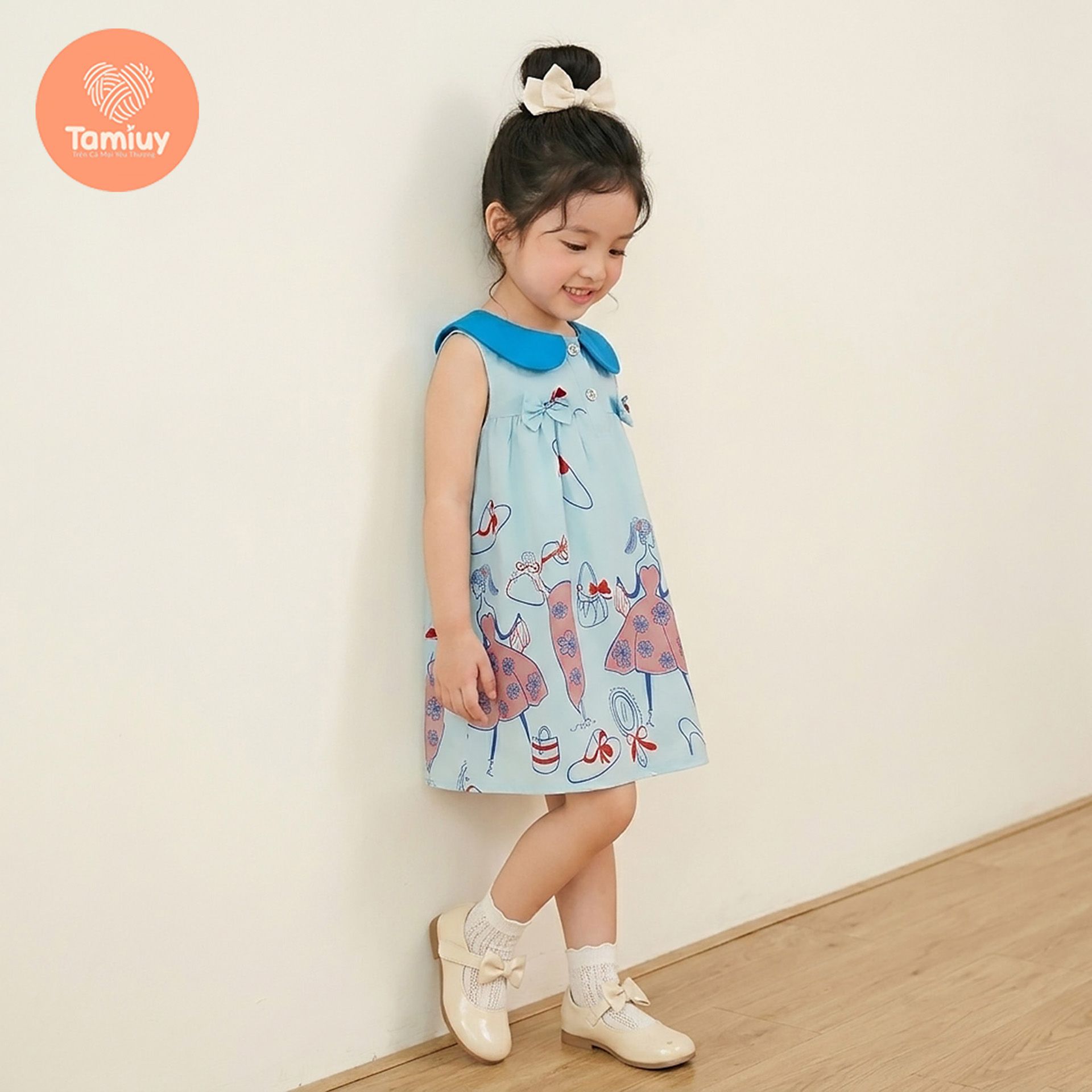  (BST Hạ Nhiên) TAMIUY - Đầm Bé Gái Marine Cổ Thủy Thủ Họa Tiết Cô Gái Du Lịch Dáng Xòe 