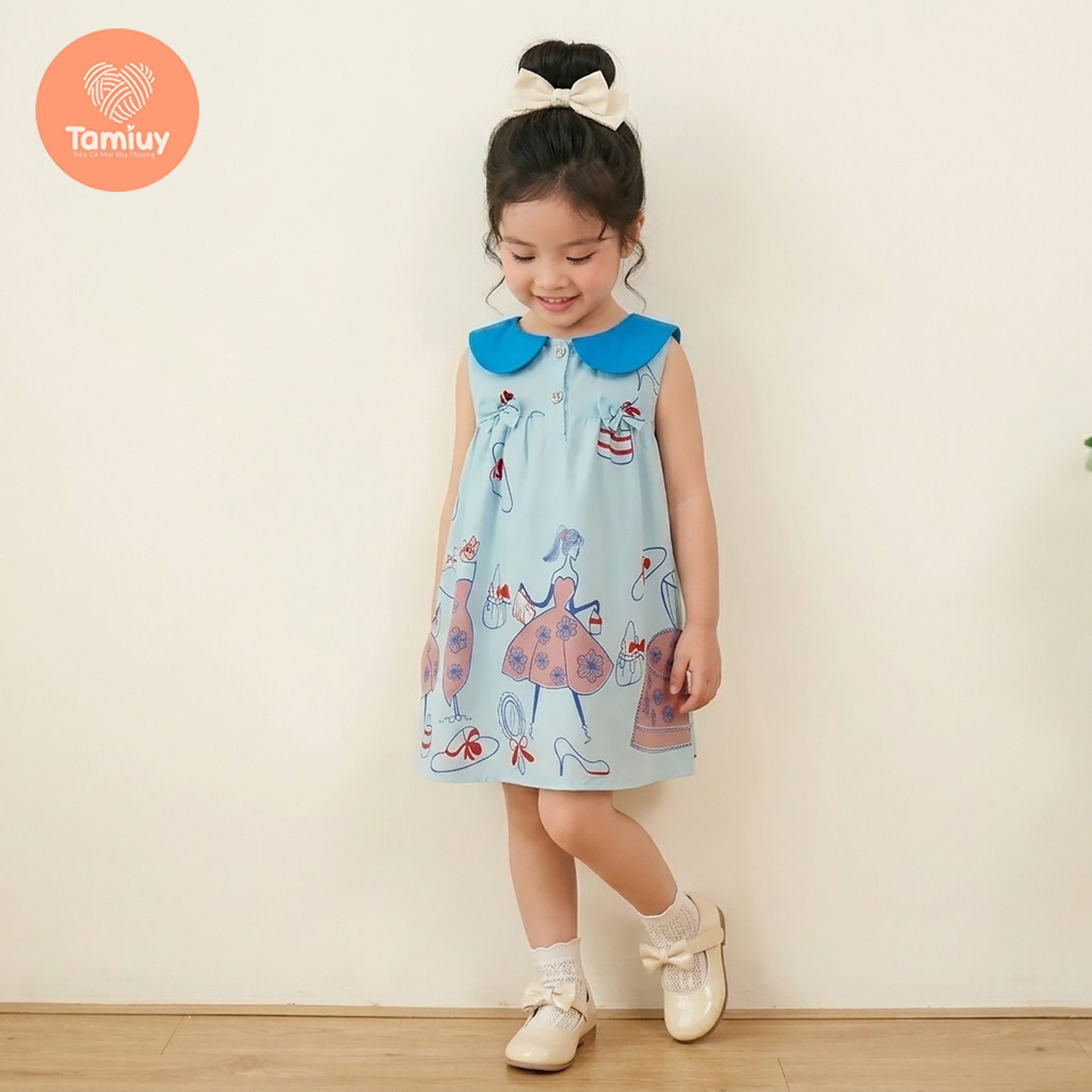  (BST Hạ Nhiên) TAMIUY - Đầm Bé Gái Marine Cổ Thủy Thủ Họa Tiết Cô Gái Du Lịch Dáng Xòe 