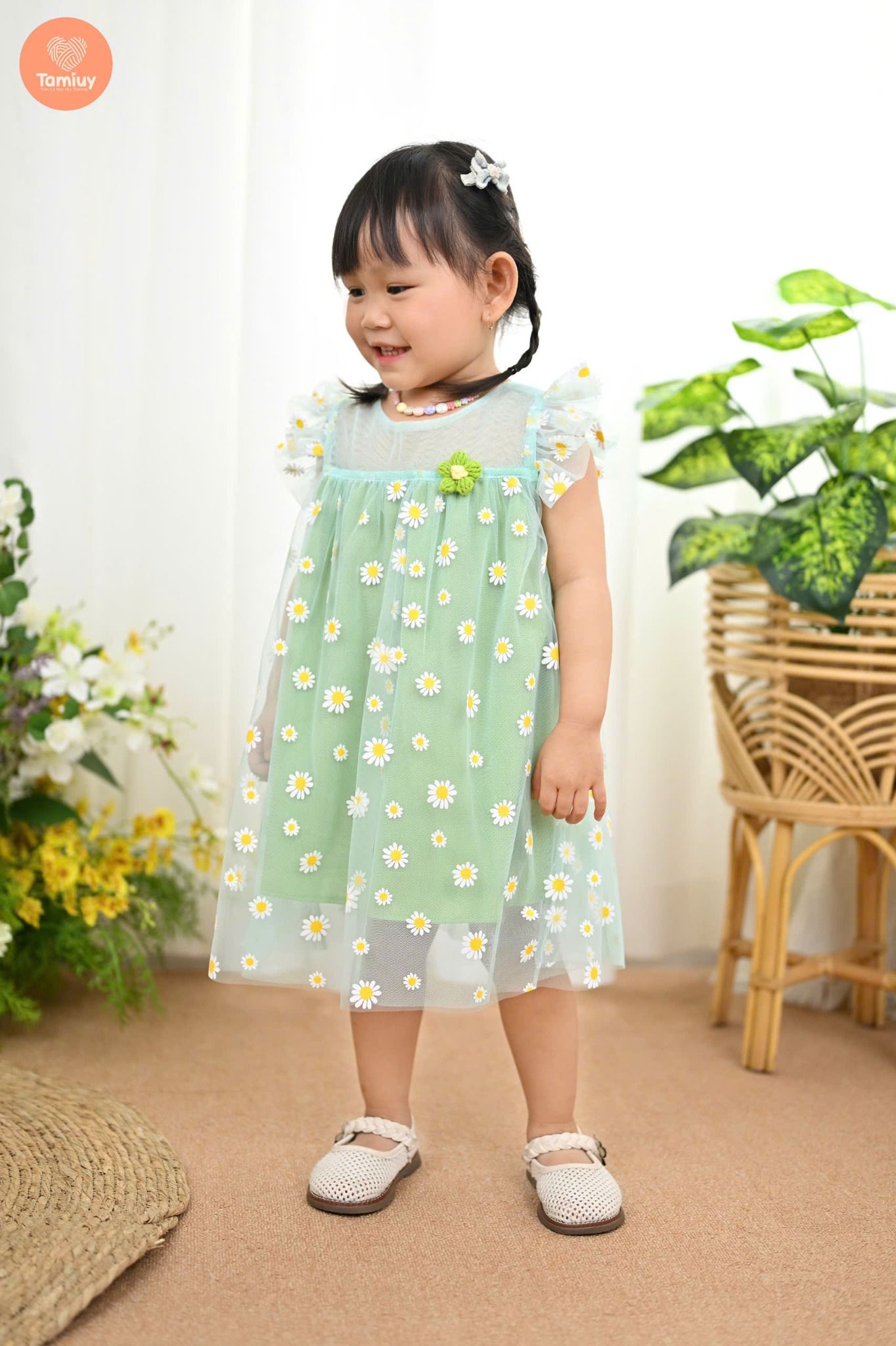  Đầm Xòe Công Chúa Tamiuy  Vải Lưới Hoa Cúc Cho Bé Gái Từ 10-38 kg 