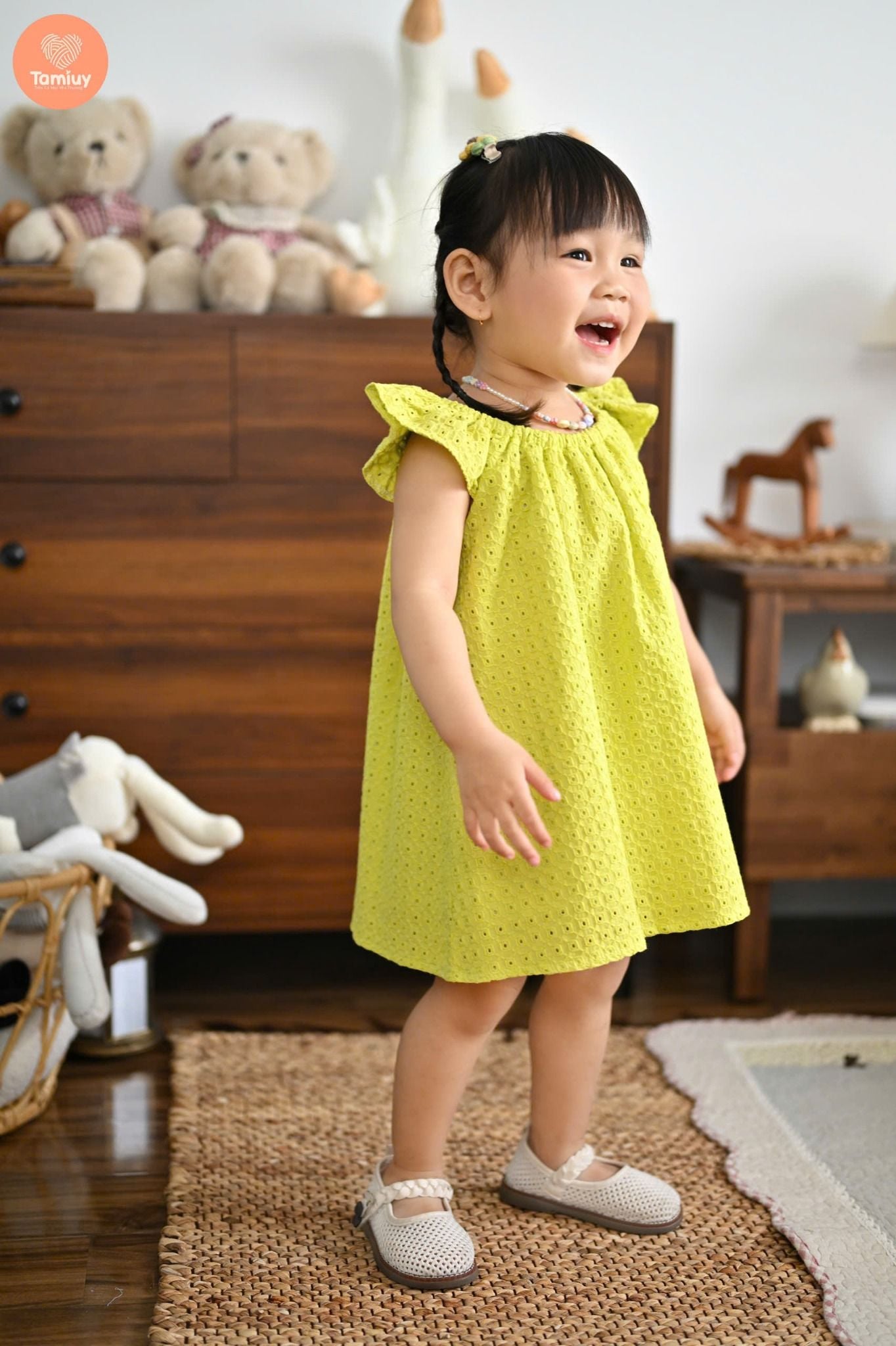  Tamiuy Đầm Yếm Cổ Thun Họa Tiết Hoa Hướng Dương Cho Bé Gái Từ 1-10 Tuổi Chất Liệu Linen Mềm Mịn 