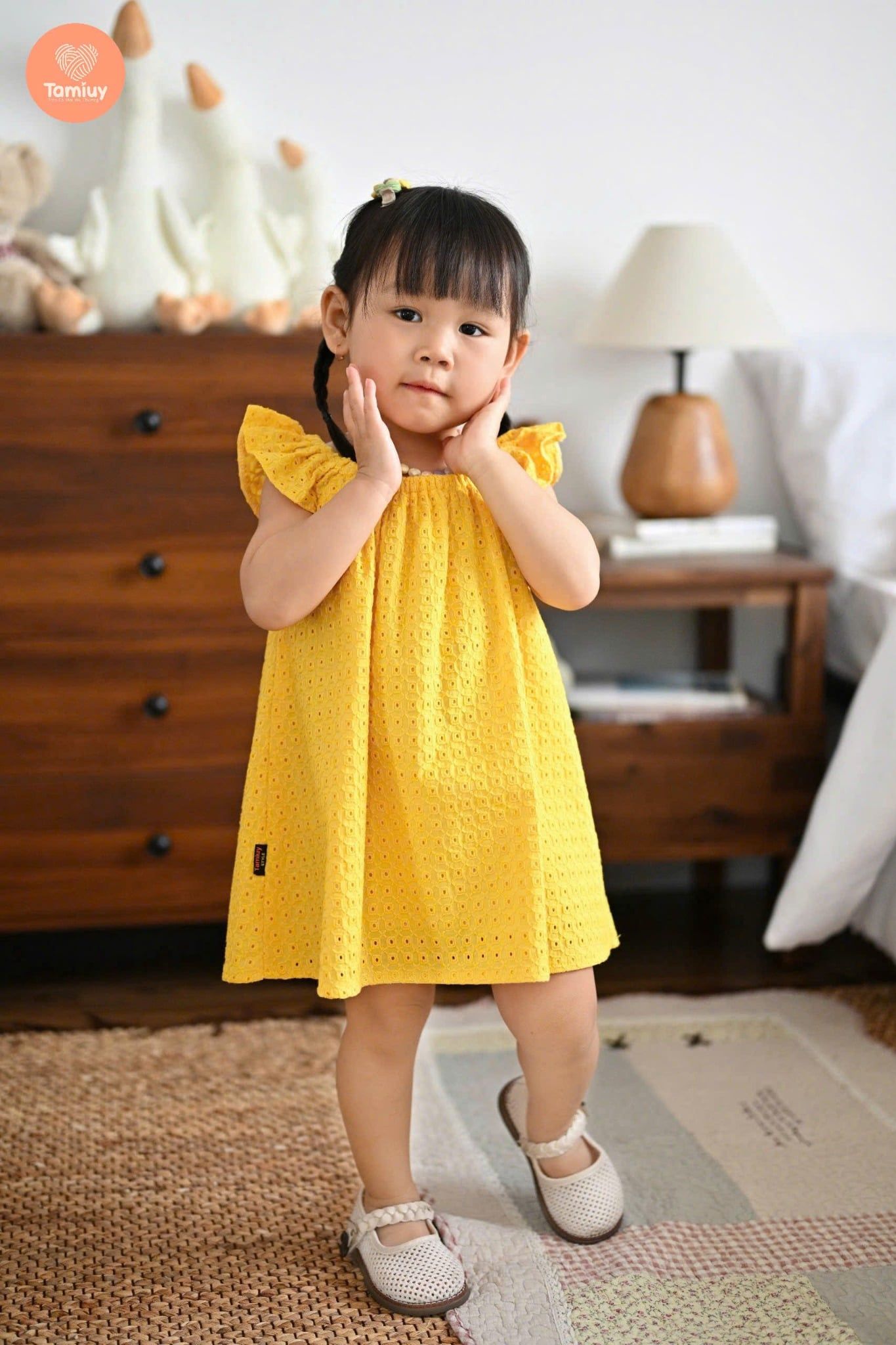 Tamiuy Đầm Yếm Cổ Thun Họa Tiết Hoa Hướng Dương Cho Bé Gái Từ 1-10 Tuổi Chất Liệu Linen Mềm Mịn 