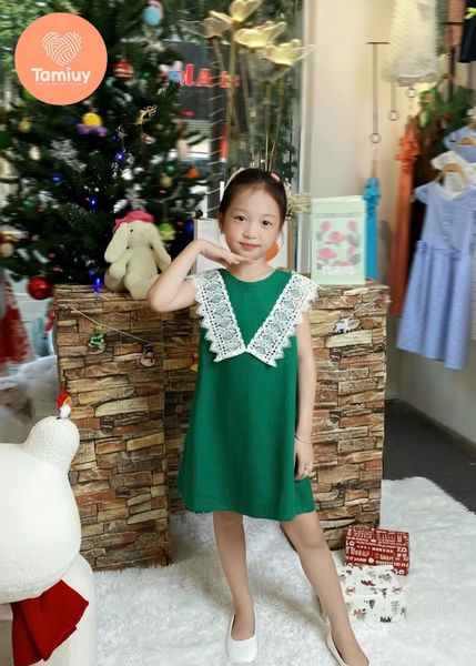  Đầm Bé Gái Tamiuy Linen Phối Ren Cổ Tròn Ren Chữ V, Đầm Xòe Bé Gái Dạo Phố, Diện Tết,Size 10–40kg 