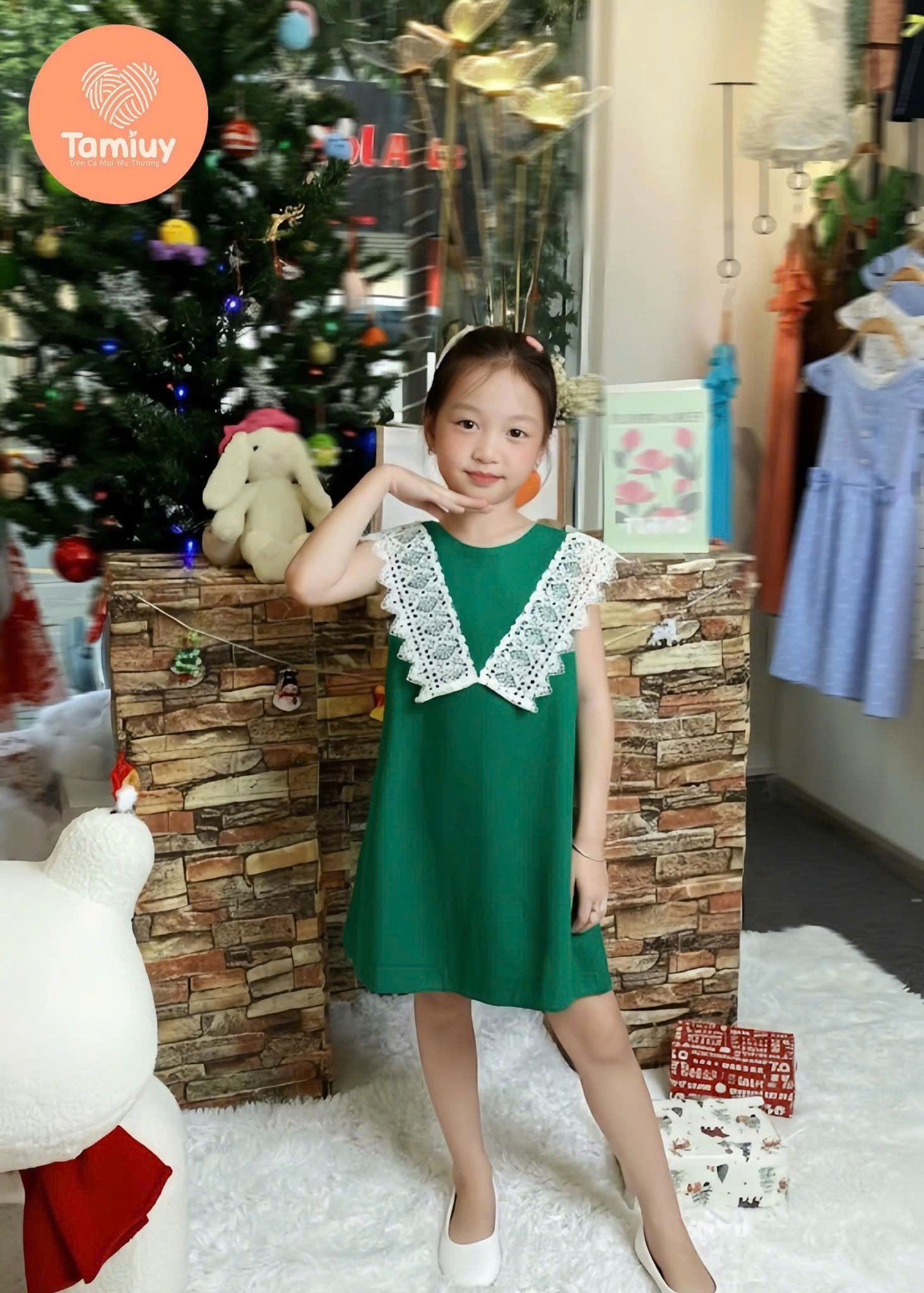  Đầm Bé Gái Tamiuy Linen Phối Ren Cổ Tròn Ren Chữ V, Đầm Xòe Bé Gái Dạo Phố, Diện Tết,Size 10–40kg 