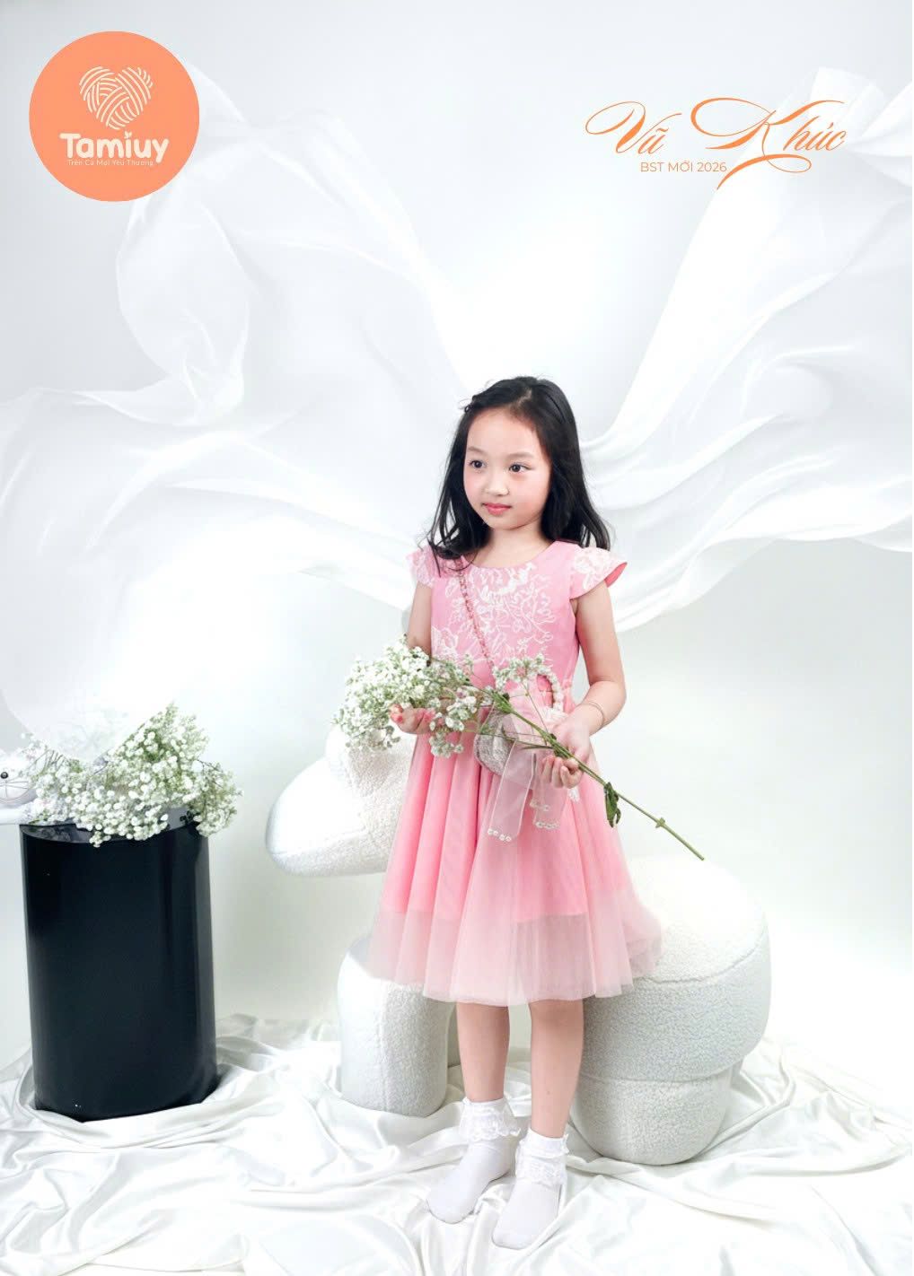  Đầm Bé Gái  Tamiuy Tùng Xoè 360 Độ ,Váy Dự Tiệc Trắng Kem Thiết Kế Tiểu Thư 