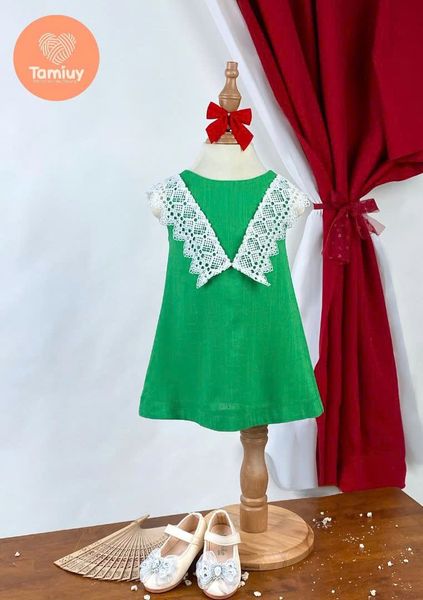  Đầm Bé Gái Tamiuy Linen Phối Ren Cổ Tròn Ren Chữ V, Đầm Xòe Bé Gái Dạo Phố, Diện Tết,Size 10–40kg 