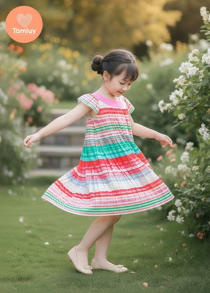  Đầm Cổ Yếm Dập Ly Tamiuy Voan Mềm Mại, Hoạ Tiết Cầu Vồng (1-10T) 