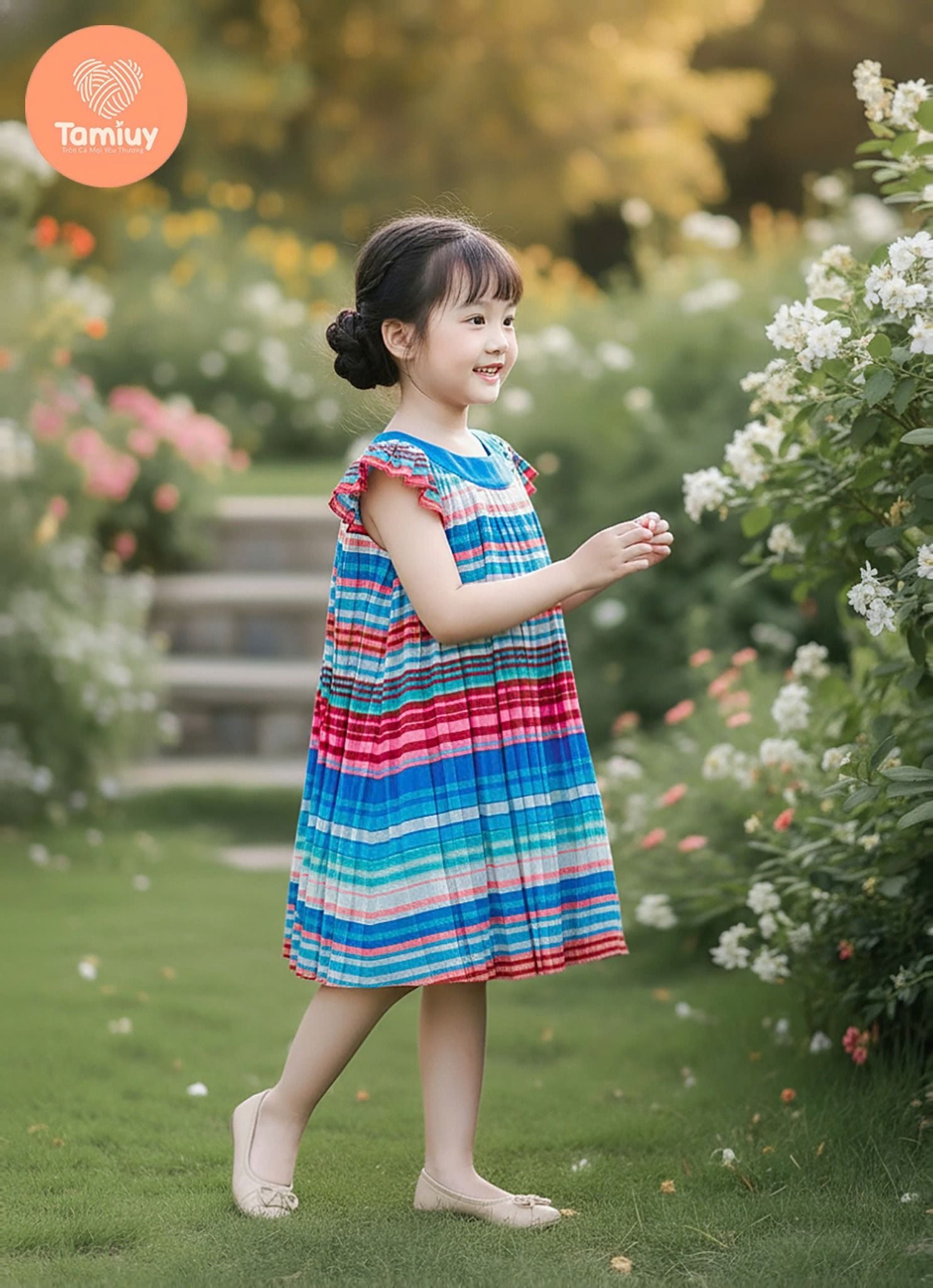  Đầm Cổ Yếm Dập Ly Tamiuy Voan Mềm Mại, Hoạ Tiết Cầu Vồng (1-10T) 