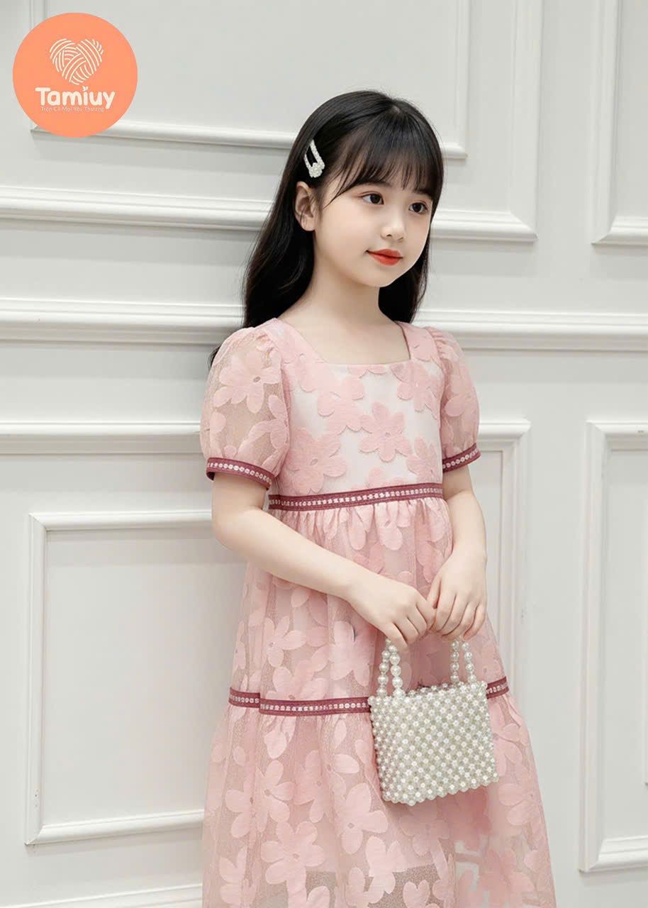  Đầm Babydoll Bé Gái Cổ Vuông Họa Tiết Hoa TAMIUY, Dáng Xòe Nhẹ, Thanh Lịch (Size 2–12 tuổi) 