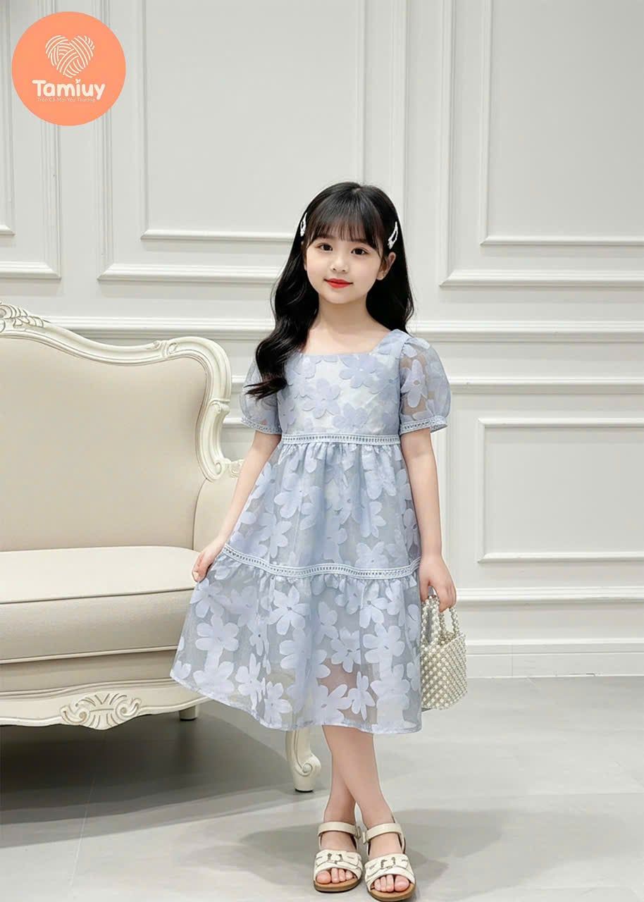 Đầm Babydoll Bé Gái Cổ Vuông Họa Tiết Hoa TAMIUY, Dáng Xòe Nhẹ, Thanh Lịch (Size 2–12 tuổi) 