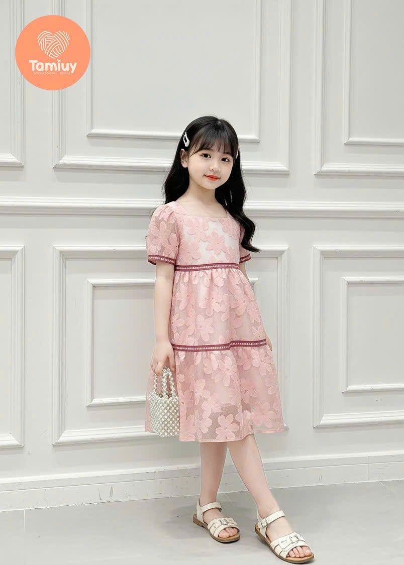  Đầm Babydoll Bé Gái Cổ Vuông Họa Tiết Hoa TAMIUY, Dáng Xòe Nhẹ, Thanh Lịch (Size 2–12 tuổi) 