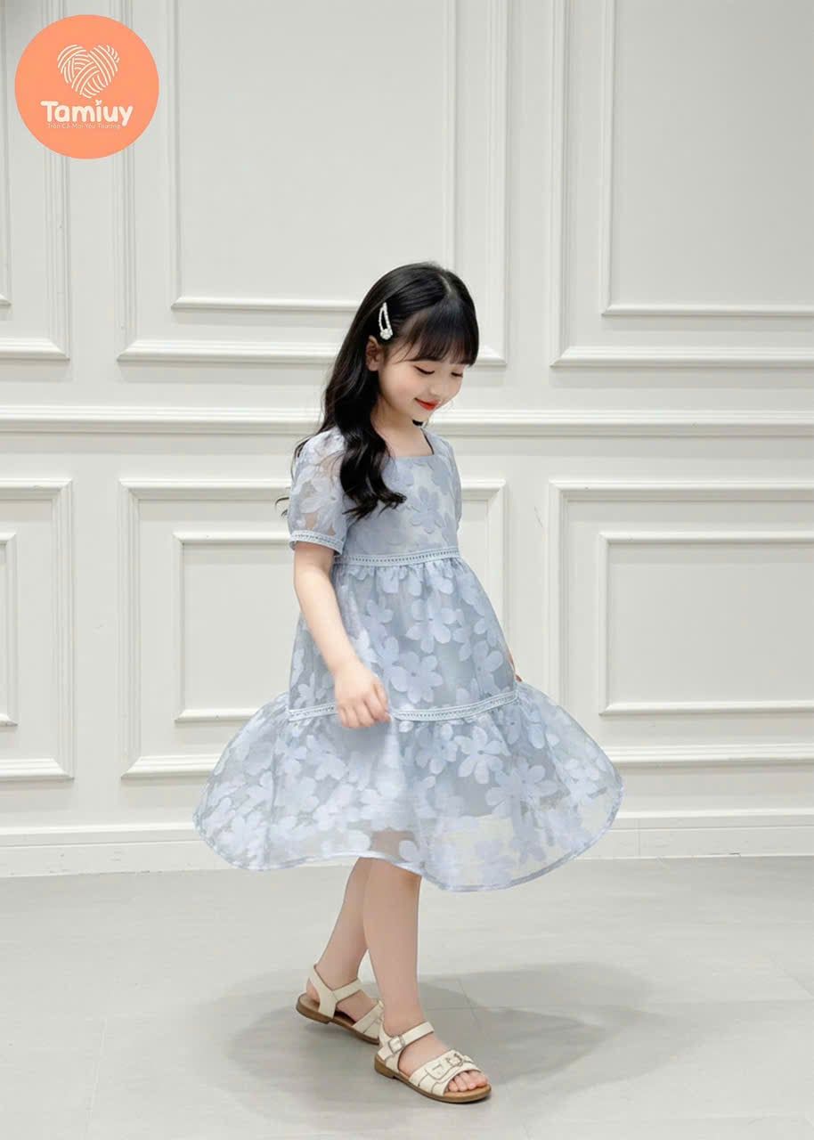  Đầm Babydoll Bé Gái Cổ Vuông Họa Tiết Hoa TAMIUY, Dáng Xòe Nhẹ, Thanh Lịch (Size 2–12 tuổi) 