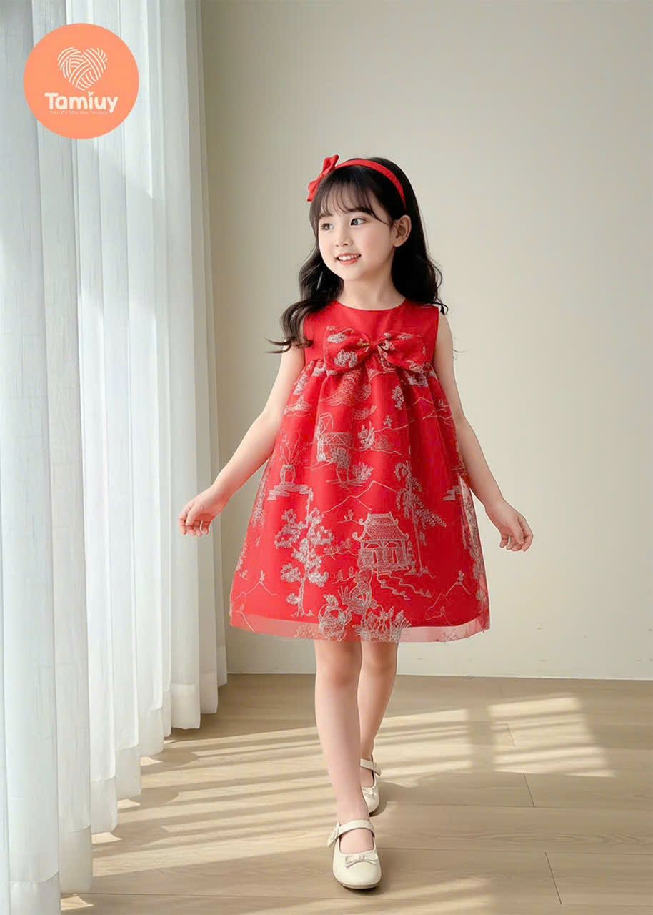  Đầm Búp Bê Hoạ Tiết Tamiuy Đính Nơ Ở Ngực Dành Cho Bé 10-39 kg 