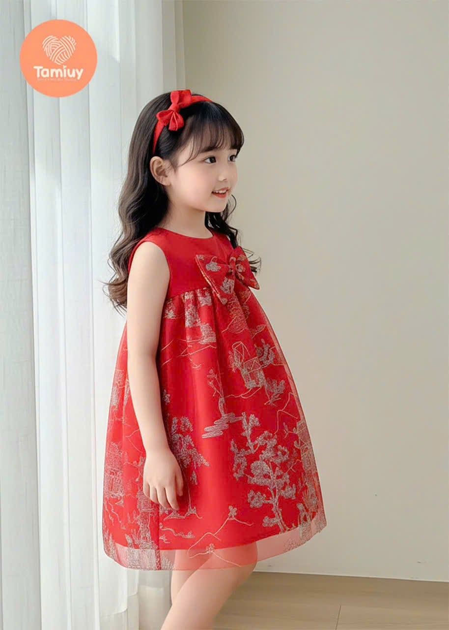  Đầm Búp Bê Hoạ Tiết Tamiuy Đính Nơ Ở Ngực Dành Cho Bé 10-39 kg 