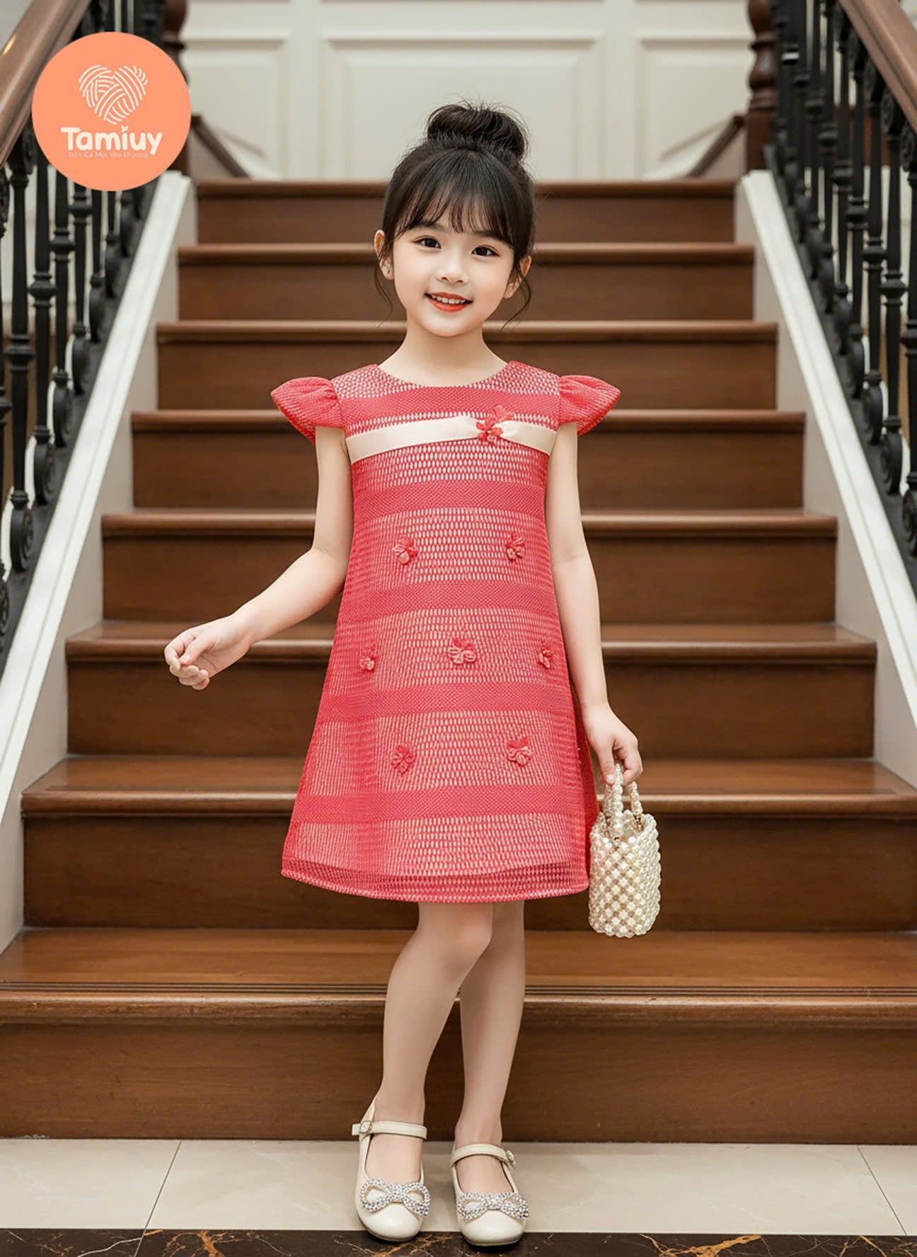  Đầm Bé Gái Tay Cánh Tiên Dáng A TAMIUY Đính Nơ Ruy Băng 