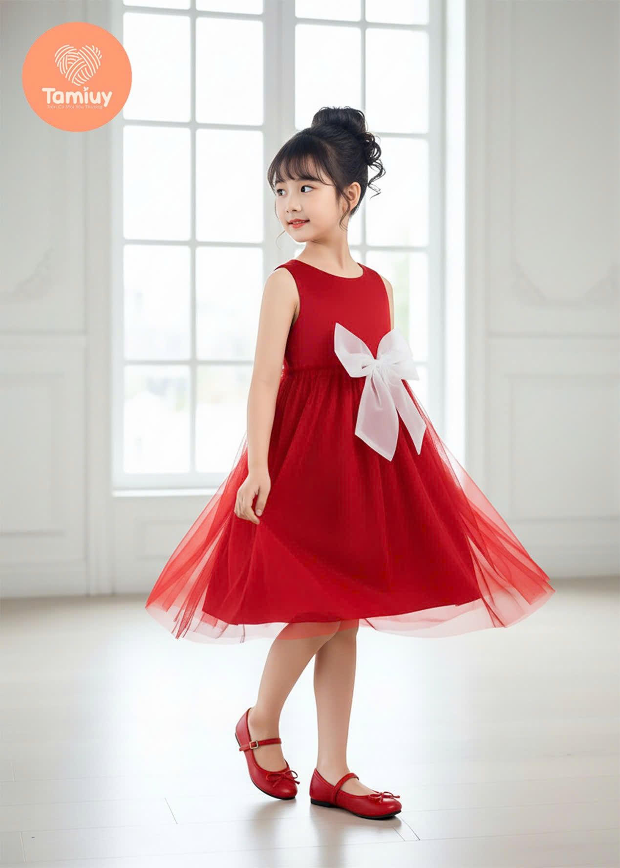  Đầm Bé Gái Công Chúa Đỏ Phối Nơ Lớn TAMIUY – Váy Bé Gái Lưới Xòe Dự Tiệc, Sinh Nhật Size 2-12 